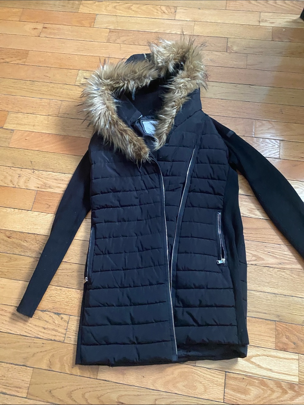 Women's Black Quilted Hooded Coat with Faux-Fur Trim